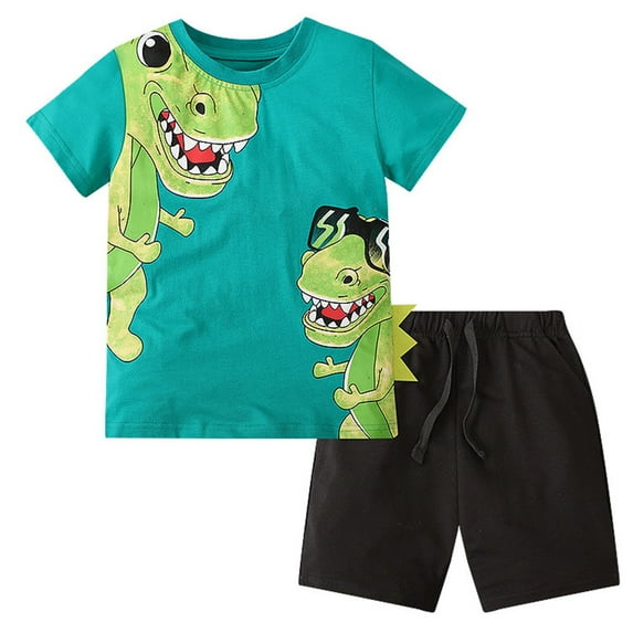 Tfken Boys Outfit Sets For Summer Dinosaur Print Crew Neck Short Sleeve Tops With Solid Color Shorts Set Casual Summer Children Soft Outfit Blue Size 7-8 Years