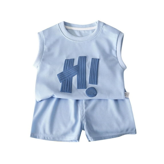 Tfken Boys Outfit Sets For Summer Print Sleeveless Crew Neck Tops With Solid Color Shorts Set Fashion Casual Summer Baby Cute Outfit Blue Size 9-10 Years