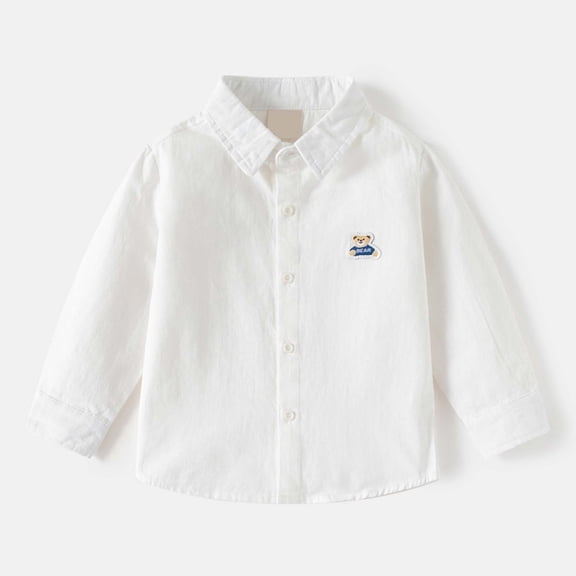 Tfken Boys Shirts Dressy Long Sleeve Lapel Neck Soft Tee For Kids Trendy Cartoon Print White Tops Size 4-5 Years