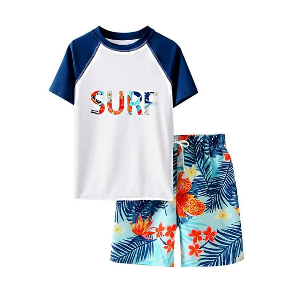 Tfken Boys Swimwear For Summer 2 Piece Print Crew Neck Short Sleeve Tops With Trunks Set Beach Swimsuit Trendy Comfortable Bathing Suit White Size 9-10 Years