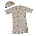 thumbnail image 1 of Tfken Boys Swimwear For Summer Crew Neck Short Sleeve Print Zipper One-Piece Swimsuit With Hat Set Trendy Beach Children Soft Bathing Suit Beige Size 3-4 Years, 1 of 2