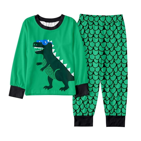 Tfken Boys Two-Piece Pajamas Cute Long Sleeve Dinosaur Print Sweatshirt Pants Crew Neck Green Outfits Sets Size 7-8 Years