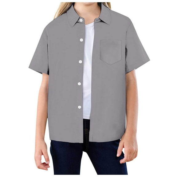 Tfken Button-Up Shirts For Girls Size 10-11 Years Short Sleeve Solid Color Blouse Classic-Fit Collared Grey Tops