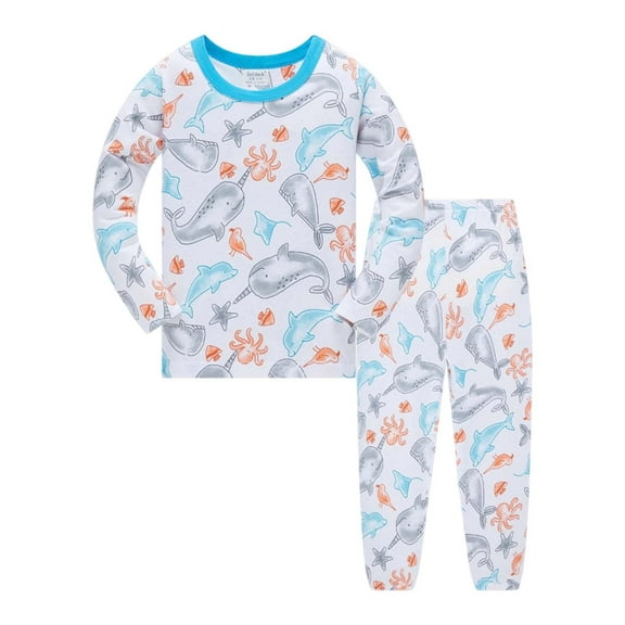 Tfken Casual Sleepwear Set Child Little Boys Size 4-5 Years Crew Neck Ocean Print Pajama Set Fall Comfortable Sky Blue Long Sleeve Homewear