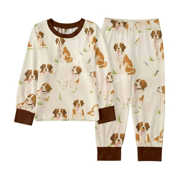 Tfken Casual Sleepwear Set For Kids Boys Toddler Relaxed Fashion Dog Print Pajama Set Long Sleeve Crew Neck Beige Loungewear Size 2-3 Years