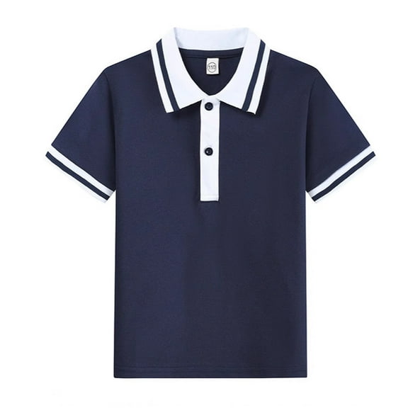 Tfken Child Big Boys Tops Soft Solid Color Short Sleeve T-Shirts Fashion Lapel Neck Navy Tee Size 8-9 Years