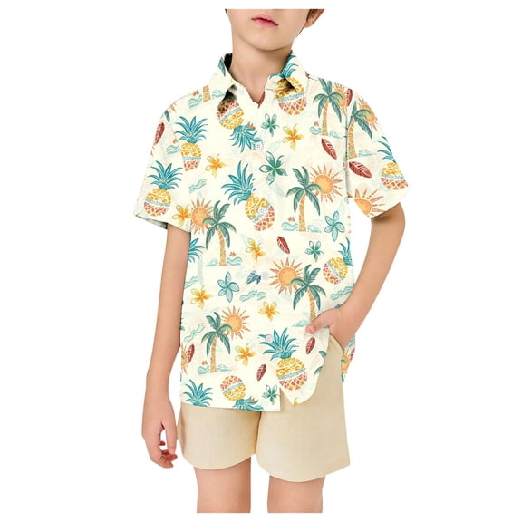 Tfken Child Boys T-Shirts Winter Notch Neck Short Sleeve Tee Stretch Hawaiian Print High-Low Tops Beige Size 3-4 Years
