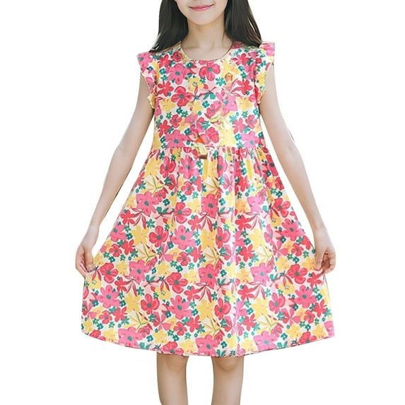 Tfken Child Girls Dress Crew Neck Floral Print Sleeveless A-Line Cute Fashion Dresses Red Size 7-8 Years