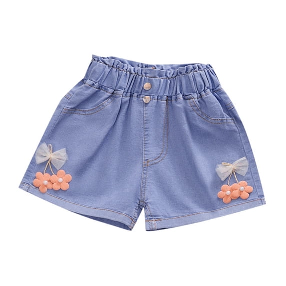 Tfken Child Girls Jeans Shorts Elastic Waist Bow Print Daily Wear Orange Denim Shorts Size 6-7 Years