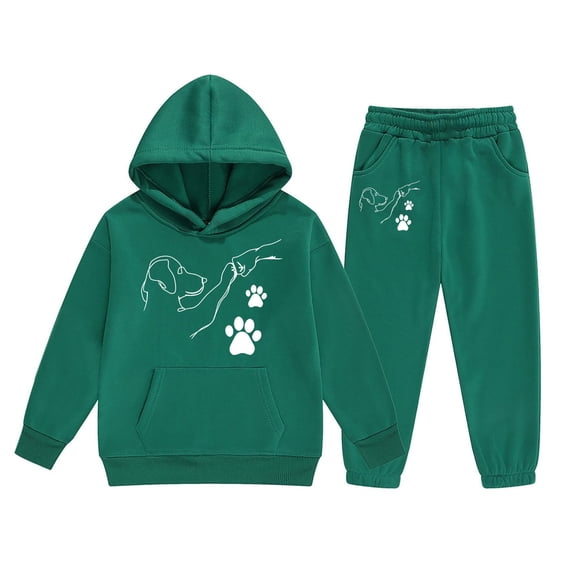 Tfken Child Girls Outfit Set Hooded Long Sleeve Dog Print Sweatshirt Pant Athleisure Comfortable Outfits Sets Green Size 4-5 Years