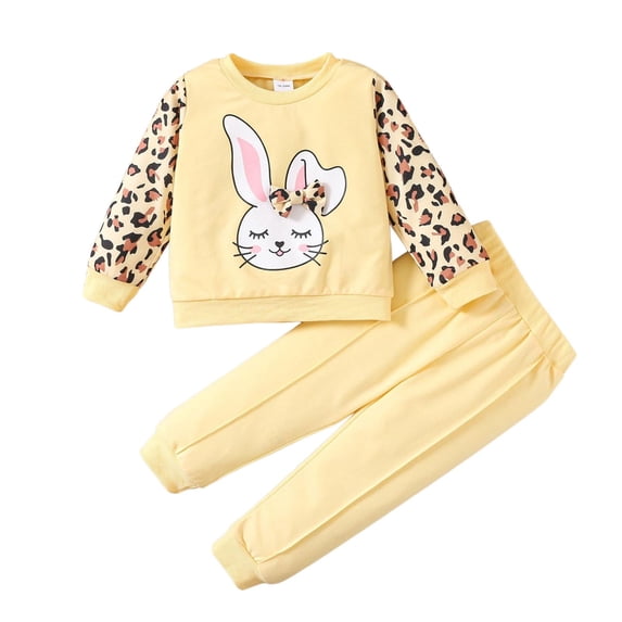 Tfken Child Girls Outfits Sets Crew Neck Long Sleeve Rabbit Print Sweater Ankle Straight-Leg Pant Fall Pink Outfit Set Size 5-6 Years