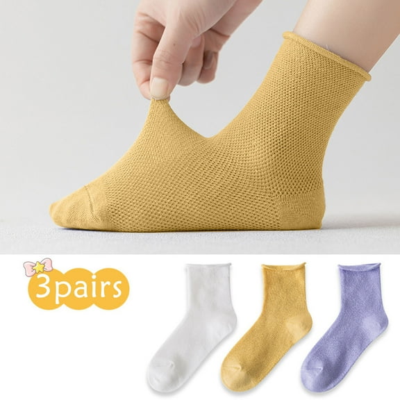 Tfken Child Girls Socks Solid Color Mid-Calf 3 Pairs Tube Mesh Breathable Sock Yellow Size 11-15 Years