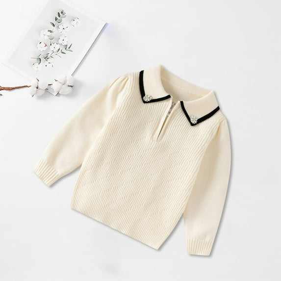 Tfken Child Girls Sweater Collared Long Sleeve Solid Color Daily Wear Retro Pullover Sweater White Size 7-8 Years