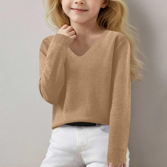Tfken Child Girls Sweater Long Sleeve Solid Color Pullover Classic-Fit Fashion Sweater Gold Size 6-7 Years