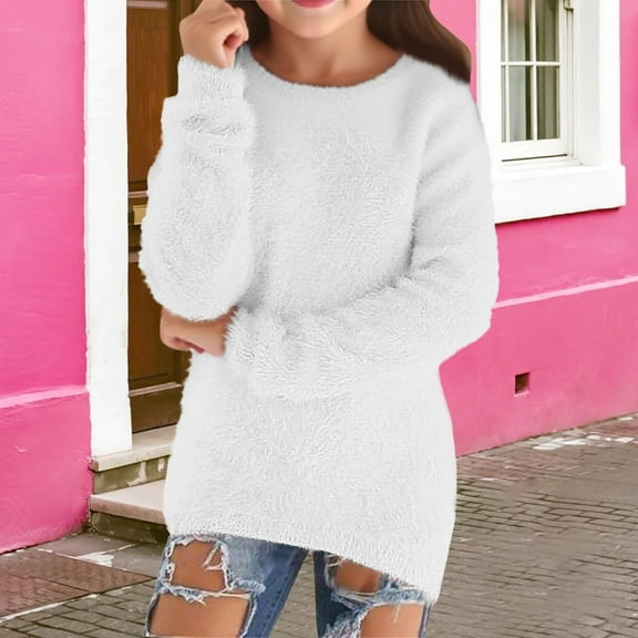 Tfken Child Girls Sweater Long Sleeve Solid Color Pullover Warm Soft Sweater White Size 11-12 Years