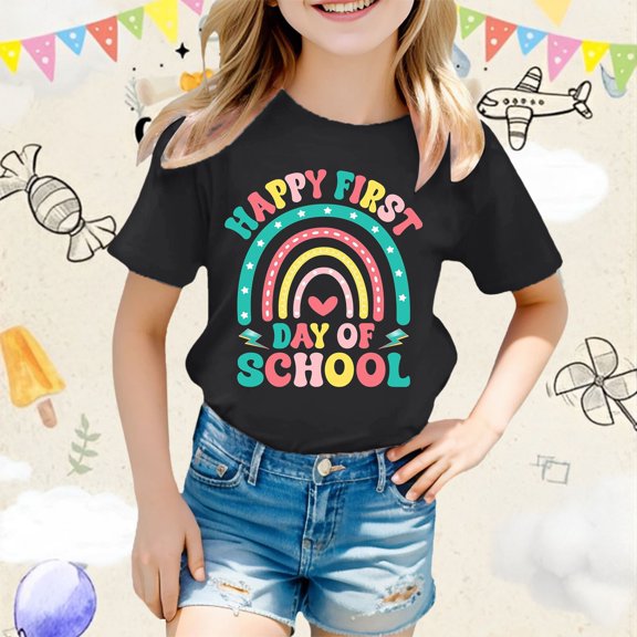 Tfken Child Girls Tee Rainbow Print Comfortable T-Shirts Back-To-School Crew Neck Black Tops Size 8 Years-9 Years