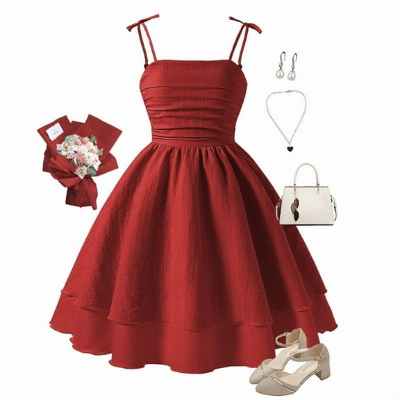 Tfken Children Dress For Girls Size 8-9 Years Off Shoulder A-Line Elastic Daily Wear Trendy Red Dresses