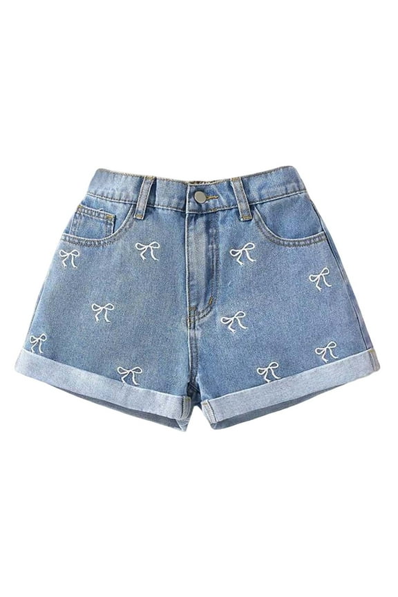 Children Girls Denim Shorts Bow Print Elastic Waist Summer Stretchy Half Jeans Pant Light Blue Size 11-12 Years