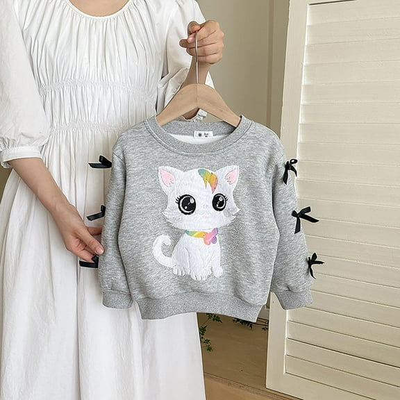 Tfken Children Girls Sweatshirt Crew Neck Long Sleeve Cartoon Print Tops Fall Cotton Blend Pullover Sweater Grey Size 2-3 Years