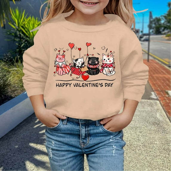 Tfken Children Girls Sweatshirt Size 2-3 Years Crew Neck Long Sleeve Tops Soft Cat Print Khaki Pullover Sweater