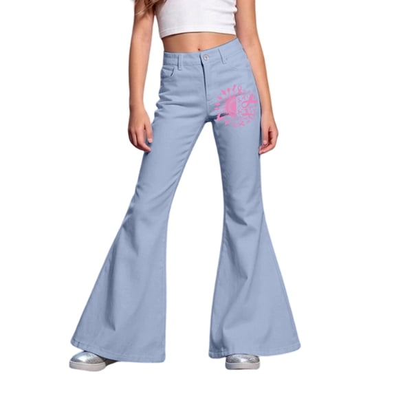 Tfken Children Soft Lightweight Pants Daily School Wear Flare Denim Pants Girls With Pockets Stretch Fashion Graphic Print Kids Breathable Clothes Size 7-8 Years Blue