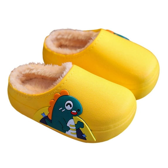 Tfken Children Unisex Kid Slippers Yellow Dinosaur Print Closed Toe Thick Winter House Shoes Size 7-9 Years