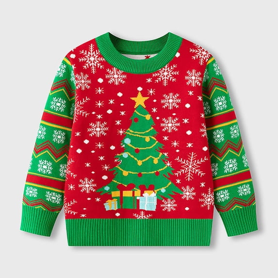 Tfken Christmas Boys Kids Sweater Size 6-7 Years Crew Neck Tree Print Soft Fall Green Pullover Sweater
