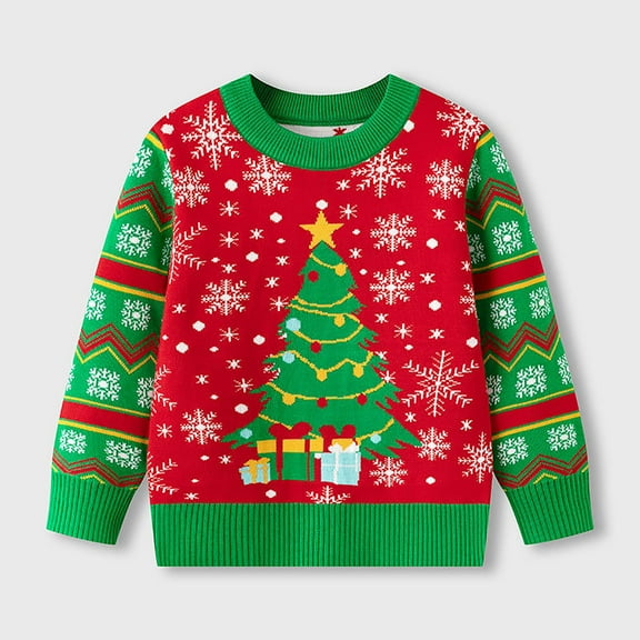 Tfken Christmas Child Boys Sweater Fashion Tree Print Retro Crew Neck Pullover Sweater Green Size 3-4 Years