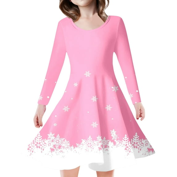 Tfken Christmas Child Little Girls Dress Crew Neck Snowflake Print Long Sleeve A-Line Comfortable Outdoor Dresses Pink Size 6-7 Years