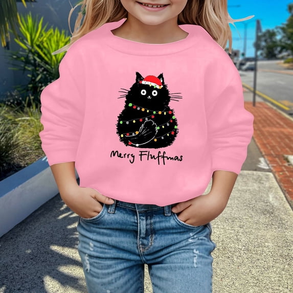 Tfken Christmas Cute Sweatshirts For Girls Black Cat Graphic Fall Winter Pullover Long Sleeve Crewneck Soft Casual Top Xmas Holiday Party Clothes Size,3-10 Years Pink