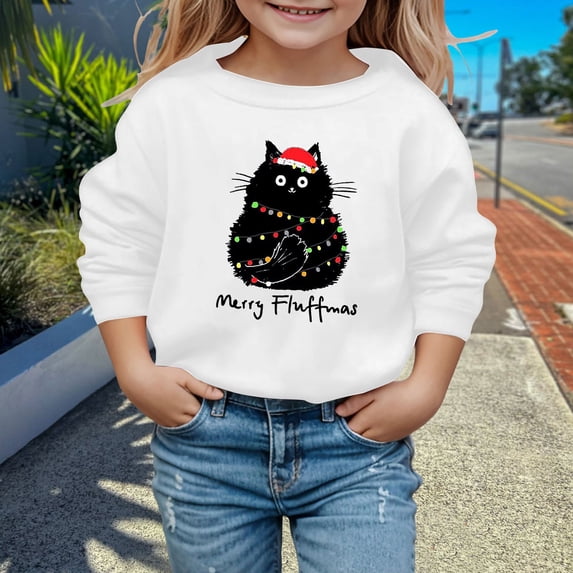 Tfken Christmas Cute Sweatshirts For Girls Black Cat Graphic Fall Winter Pullover Long Sleeve Crewneck Soft Casual Top Xmas Holiday Party Clothes Size,3-10 Years White