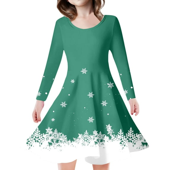 Tfken Christmas Dresses For Little Girls Child Crew Neck Long Sleeve Winter Daily Wear Snowflake Print Green Dress Size 8-9 Years