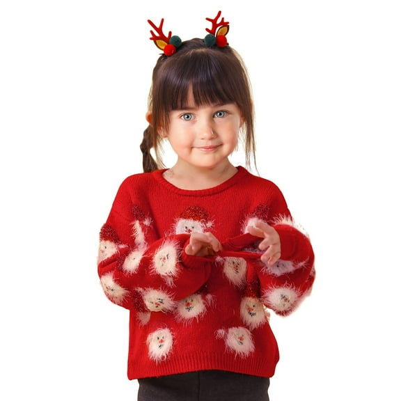 Tfken Christmas Girls Kids Sweater Soft Cartoon Print Comfortable Crew Neck Pullover Sweater Red Size 5-6 Years