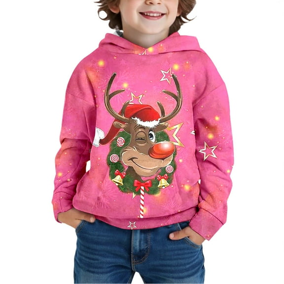 Tfken Christmas Hoodies For Boys Children Size 3-4 Years Fleece Long Sleeve Hooded Sweatshirt Breathable Cartoon Print Pink Tops