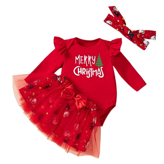 Tfken Christmas Outfit Set For Girls Size 6-9 Months Long Sleeve Letter Print Romper Dress Flutter Fall Red Outfits Sets