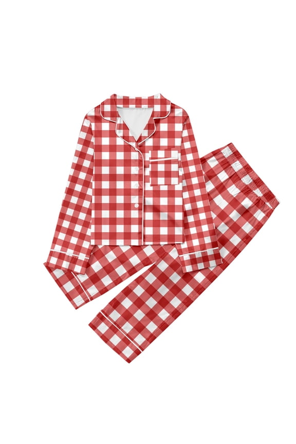 Christmas Pajama Set For Girls Long Sleeve Lapel Neck Lightweight Shirts Pants Plaid Print Trendy Red Outfits Sets Size 11-12 Years