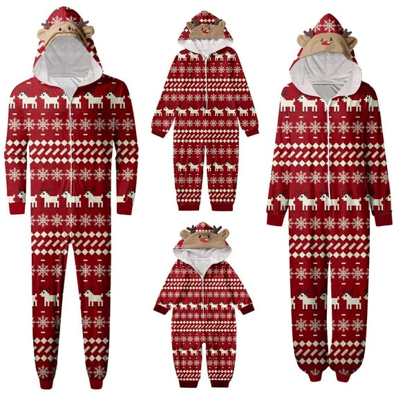 Tfken Christmas Pajamas For Family Hooded Fashion Long Sleeve Onesie Red Women Holiday Nightwear Jammies