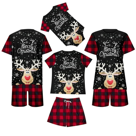 Tfken Christmas Pajamas For Family Short Sleeve Crew Neck T-Shirts Shorts Cartoon Print Comfortable Red Holiday Loungewear
