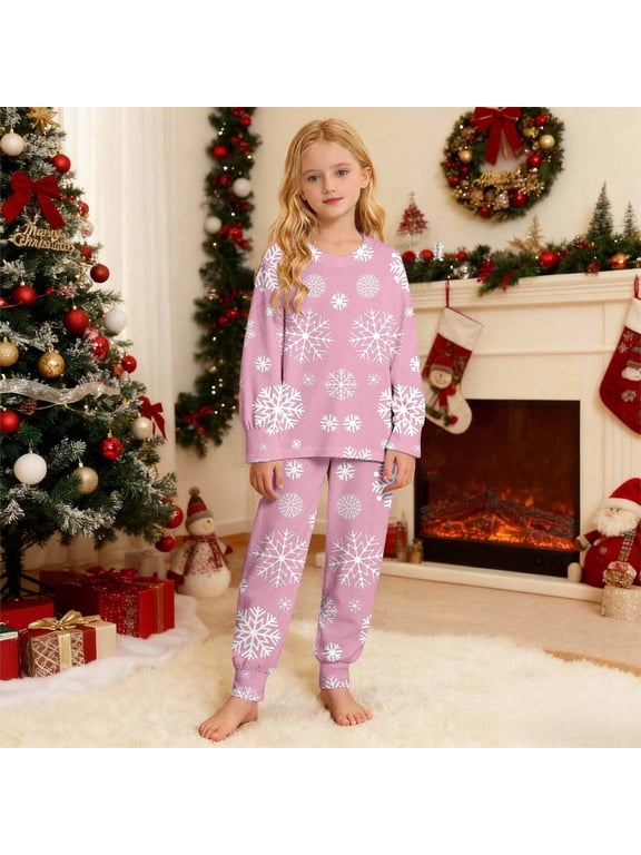 Christmas Pajamas Girls 2 Piece Snowflake Print Fall Winter Crew Neck Long Sleeve Top Pants Casual Warm Pjs Daily Home Xmas Sleepwear,Size 2-10 Years Pink