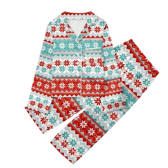 Tfken Christmas Sleepwear For Girls Long Sleeve Lapel Neck Trendy Shirts Pants Snowflake Print Cute Red Outfits Sets Size 3-4 Years