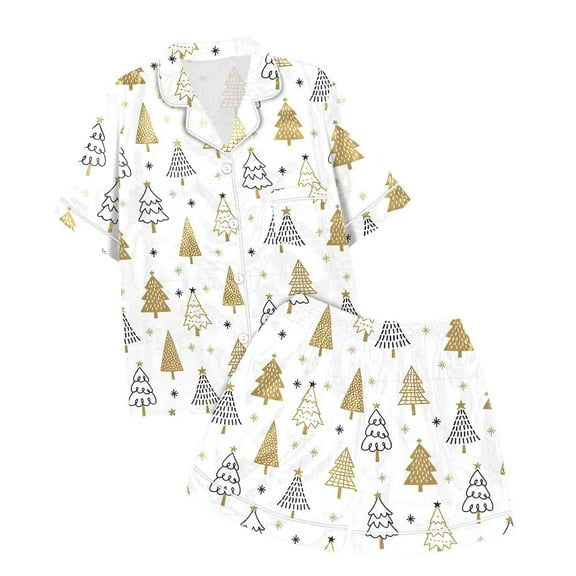 Tfken Christmas Sleepwear For Girls Size 8-9 Years Short Sleeve Cute Shirts Shorts Cartoon Print Lapel Neck White Teen Pajama Set