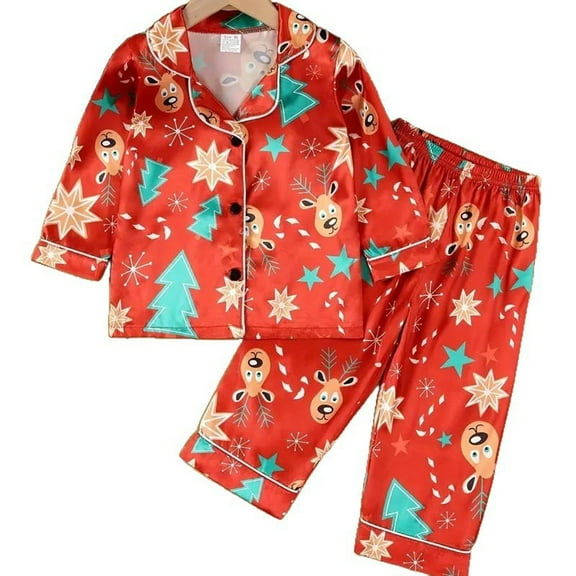 Tfken Christmas Sleepwear Set For Little Girls Child Size 9-10 Years Collared Cartoon Print Pajama Set Relaxed Indoor Red Long Sleeve Homewear