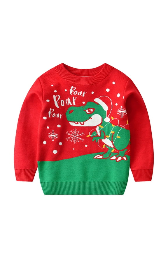 Christmas Sweater For Boys Child Size 3-4 Years Crew Neck Cartoon Print Daily Wear Fall Red Pullover Sweater