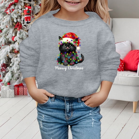 Tfken Christmas Sweatshirts For Girls Cute Cat Graphic Print Long Sleeve Crewneck Fall Winter Soft Casual Cozy Tops Xmas Holiday Party Clothes Size,3-10 Years Light Gray