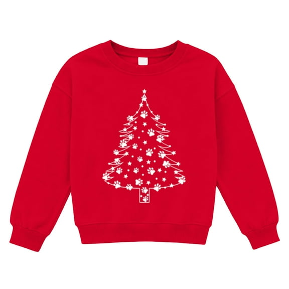 Tfken Christmas Tops For Girls Toddler Crew Neck Long Sleeve Christmas Tree Print Pullover T-Shirts Winter Relaxed Tee Red Size 3-4 Years