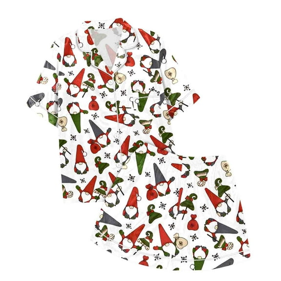 Tfken Christmas Unisex Kids’Sleepwear Cartoon Print Short Sleeve Lapel Neck Shirts Shorts Fashion Indoor Pajama Set White Size 8-9 Years