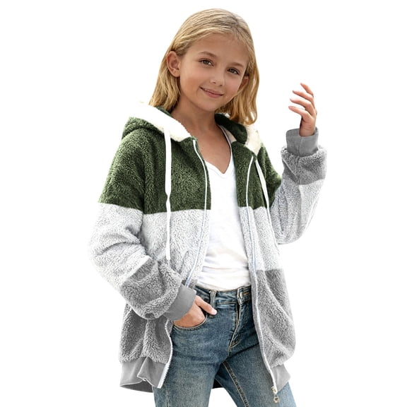Tfken Coat For Little Girls Hooded Long Sleeve Color Block Hoodies Fleece Dark Green Jacket Child Size 9-10 Years
