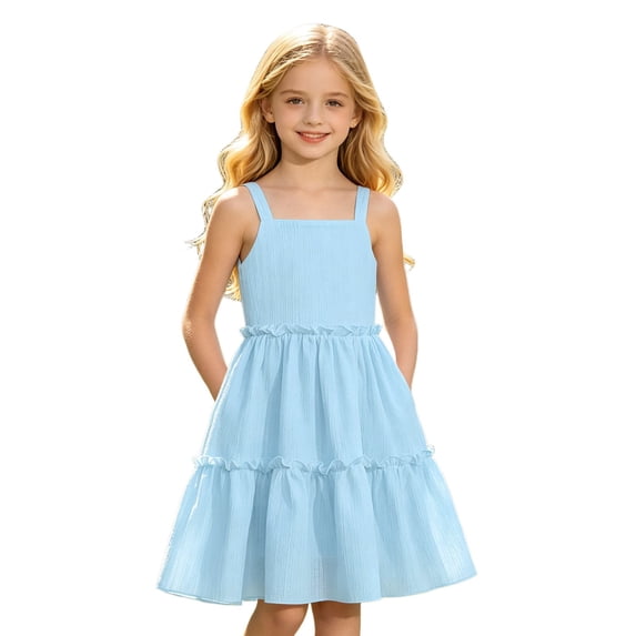 Tfken Comfy Dresses For Girls Soft Travel Holiday Girls Sleeveless Dresses Elegant Solid Color Party Children Cute Clothes Size 7-8 Years