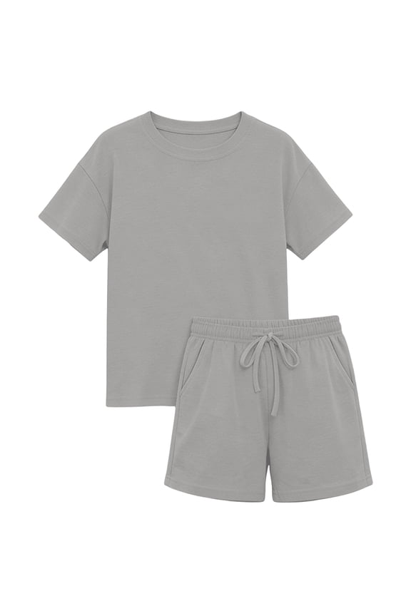 Comfy Set Summer Soft 2 Piece Girls Child Holiday Daily Comfortable Tops With Shorts Sets Casual Fashion Drawstring Kids Classic Outfit Size 5-6 Years Gray