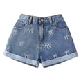 thumbnail image 1 of Tfken Denim Jeans Shorts For Girls Summer Elastic Waist Bow Print Half Pants Size 7-8 Years Blue, 1 of 7